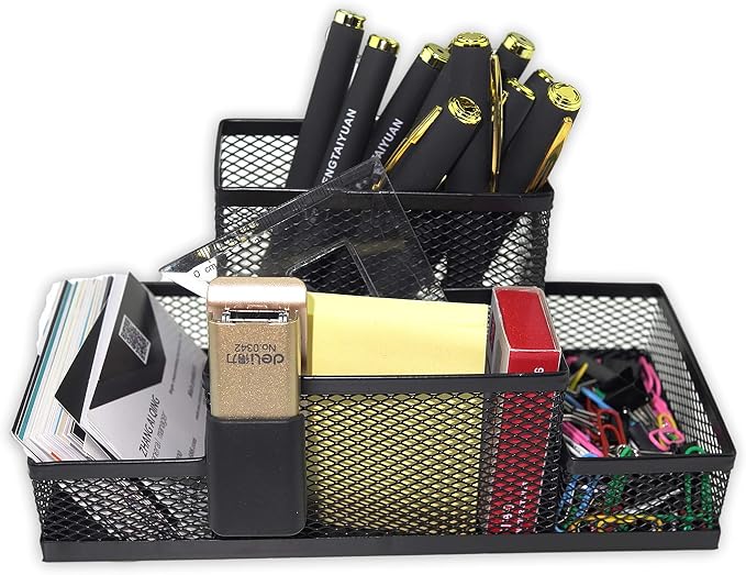 Fengtaiyuan T02 Black-Plus, Big Black Metal Wire Mesh Pencil Holder, Desktop Organizer