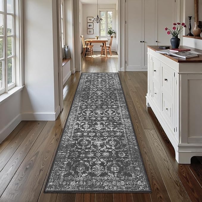 3x10 Black Runner Rug Hallway Washable Area Rugs Kitchen Vintage Boho Non Slip Long Rug Floral Carpet Indoor Retro Soft Low Pile Throw Rug for Bedroom Bathroom Laundry Dining Living Room Office