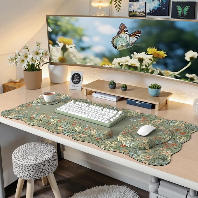 iCasso Desk Mat Set,Large Mouse Pad with Wrist Rest, Back to School Ergonomic Keyboard Wrist Support for Women, Floral Computer Mat with Scalloped Edges,Non-Slip Desk Pad Home Office Gaming (Green)