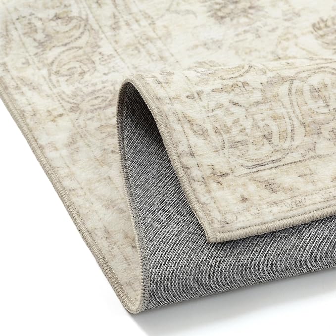 PureCozy 5x7 Area Rug Washable Beige Vintage Living Room Bedroom Distressed Non Slip Carpet Indoor Low Plie Thin Dining Room Office Retro Accent Throw Rug