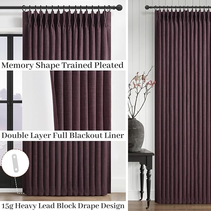 Purple Extra Long Pinch Pleated 108 Inch Curtains for Living Room 2 Panels Set, Black Out Memory Trained Two Layer Heavy Linen Thermal Sound Dampening Elegant Windows Drapes 9 FT Length Luxury Decor
