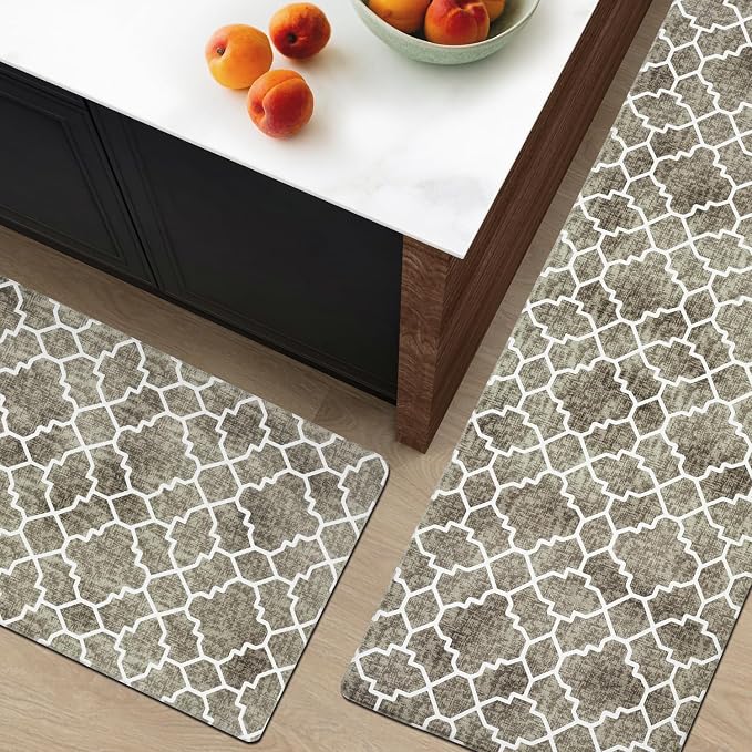 FRESHMINT Kitchen Mat Set of 2, Anti-Fatigue Cushioned Kitchen Mats for Floor, Waterproof Non Slip Comfort Standing Mat, Boho Kitchen Rug for Kitchen Decor, Sink, Office, 17"x30"+17"x47", Khaki Tan