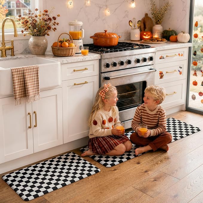 KIMODE Anti Fatigue Kitchen Mat for Floor, Checkered Kitchen Rugs Sets of 2 | Black and White Kitchen Floor Mats Non-Slip, Cushioned Standing Desk mat for Sink Laundry Office Dormitory RV 17"x47"+17"x29"