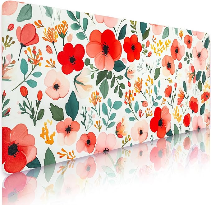 Bloss Red Floral Desk Mat for Desktop, Leather Desk Mat with Ink Painting Like, Red Flower Keyboard Mat, Women Girls Gift(31.5" X 15.7")