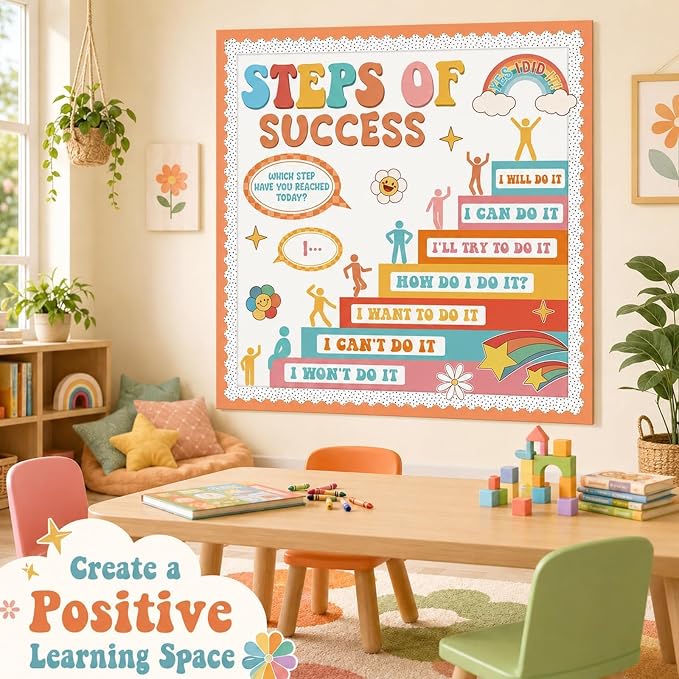 Motivational Bulletin Board Decorations Set Back to School Positive Classroom Decor Steps of Success Paper Cutouts Educational Sayings Accents for School Door Wall Chalkboard Decor Supplies (Groovy)