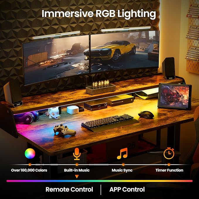 ErGear Electric Standing Desk, 55x28 Inch Adjustable Sit Stand Desk with Bookshelf & Monitor Stand, Standing Gaming Desk with LED Light Strip, Stand Up Desk for Home Office, Vintage Brown | Raised Monitor Stand, 27.9–46.9 Inch Height Range, 4 Memory Pr...