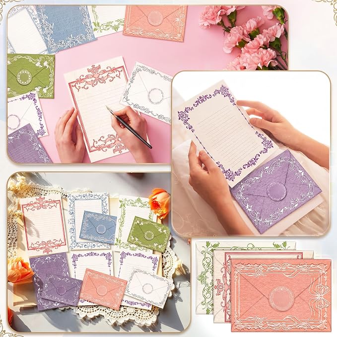 TaoBary 160 Pcs Stationery Paper Set 50 Double Sided Stationery Papers with 50 Matching Envelopes and 60 Round Dot Sticker, 10 design(vintage Lace Frame, 5.5 x 8.25 Inch)