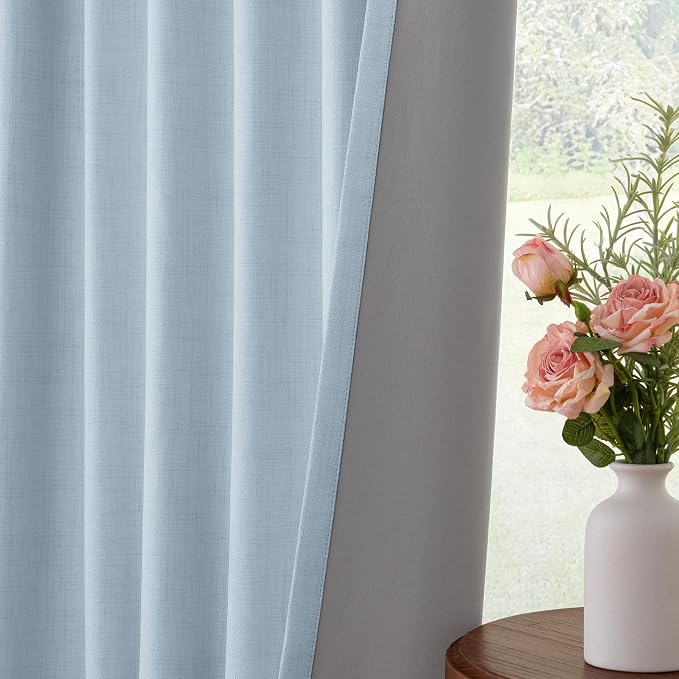 INOVADAY 100% Blackout Curtains for Bedroom, Black Out Curtains 96 Inch Long, Clip Rings Linen Blackout Drapes, Thermal Insulated Room Darkening for Living Room, 2 Panels - Chambray Blue,W50xL96