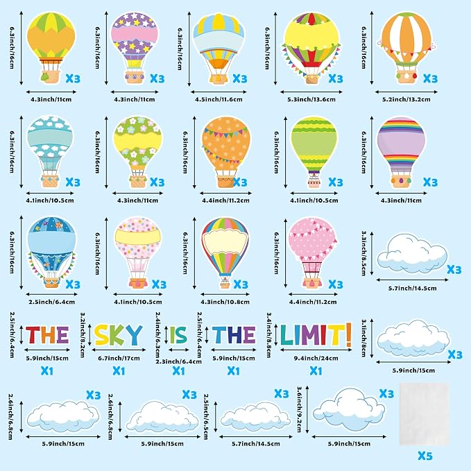 BeYumi 65Pcs Hot Air Balloon Cloud Classroom Bulletin Board Decoration Set Colorful Accents Cutouts Name Tags Labels Teacher Student Back to School Party Supplies for Elementary Preschool Kindergarten