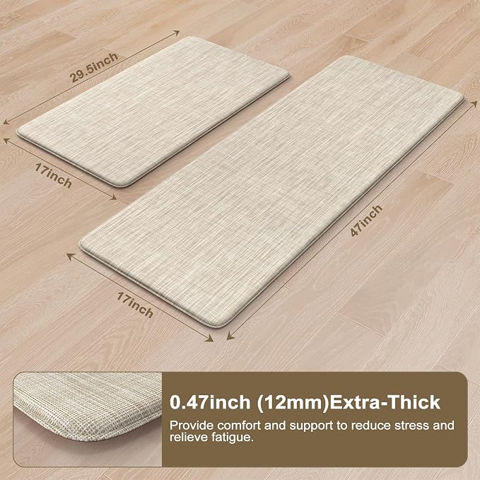 Collive Anti Fatigue Cushioned Kitchen Mat Set 2 Piece Non Skid Waterproof Kitchens Sink Rug Standing Floor Carpets for Office, Sink,17"×29"+17"×47",Beige