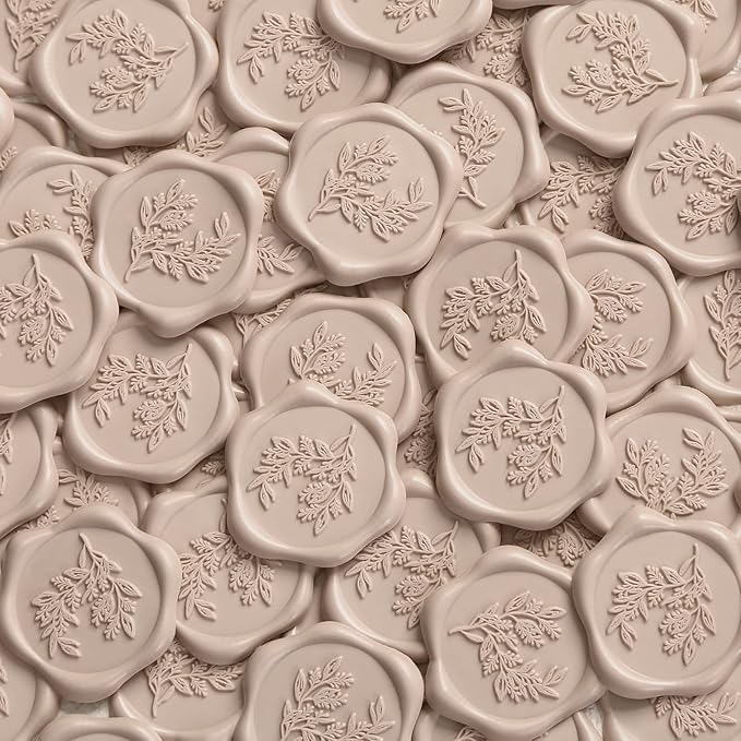 UNIQOOO Wax Seal Stickers - Eucalyptus Wedding Invitation Envelope Seal Stickers, 100 Pcs Self- Adhesive Taupe Stickers, Perfect for Invitation, Christmas, Gift Wrapping, Party
