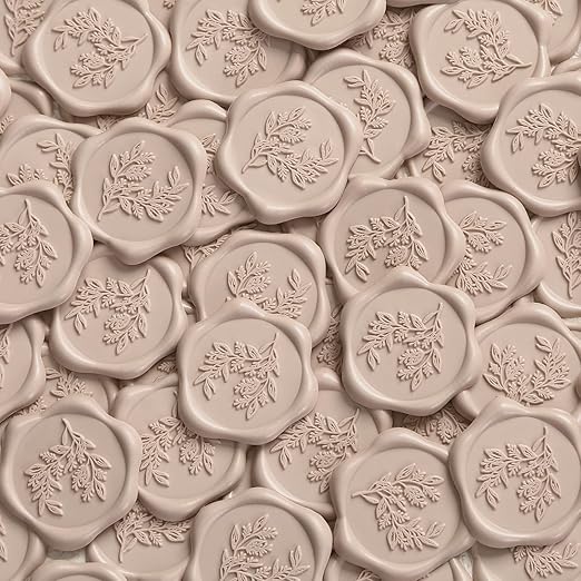 UNIQOOO Wax Seal Stickers - Eucalyptus Wedding Invitation Envelope Seal Stickers, 100 Pcs Self- Adhesive Taupe Stickers, Perfect for Invitation, Christmas, Gift Wrapping, Party