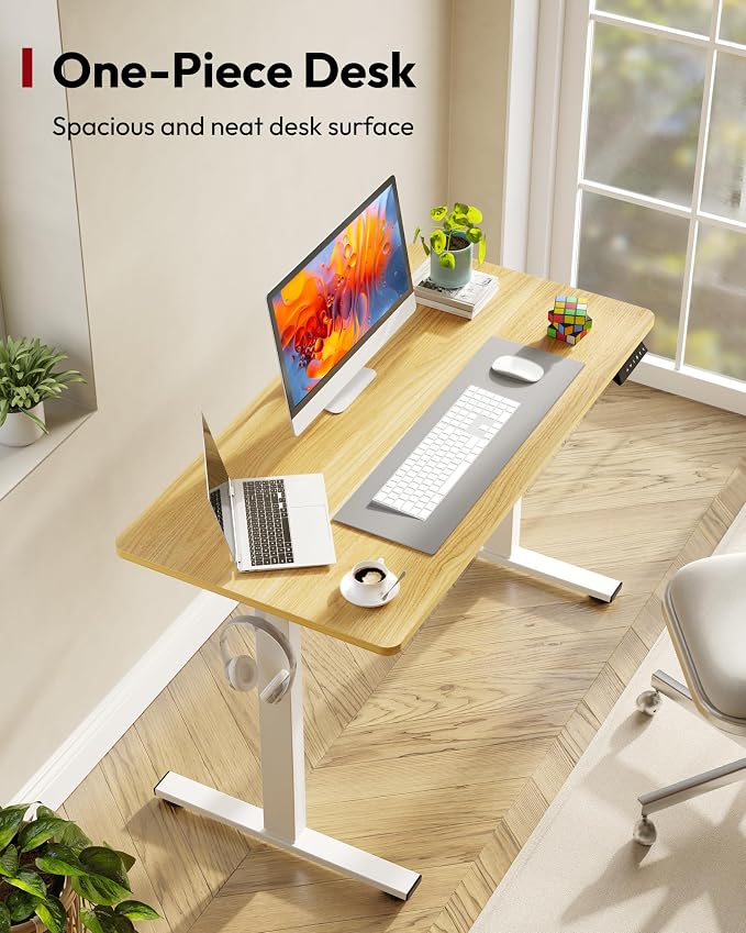 SANODESK One-Piece Electric Standing Desk, Seamless 40 x 24'' Ergonomic Height Adjustable Sit Stand Desk with Memory Presets for Home Office Computer Workstation, White Frame/Natural Top
