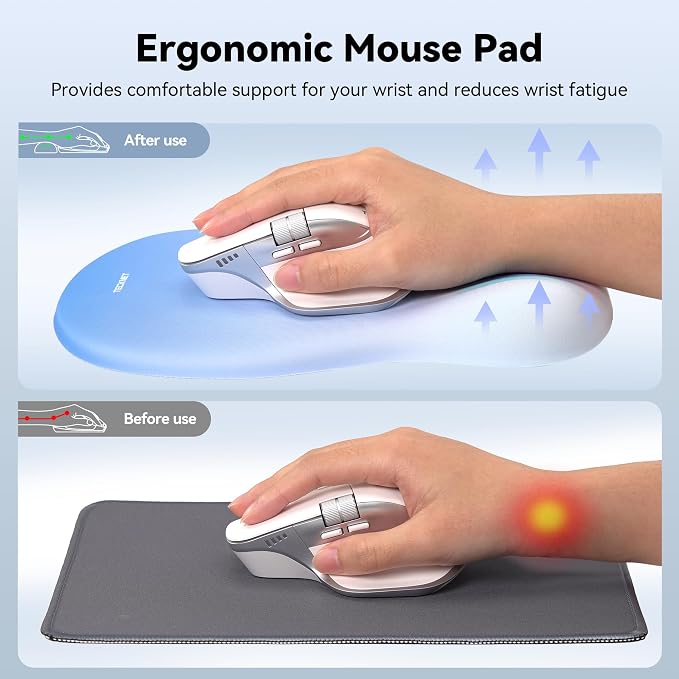 TECKNET Ergonomic Mouse Pad with Wrist Rest, Memory Foam Mousepad with Wrist Support, Smooth Surface, Middle Concave & Non-Slip Base for Laptop/PC, Pain Relief for Home Office Gaming, Blue