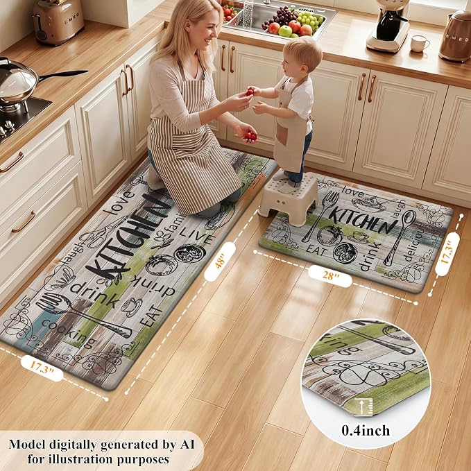 HEBE Anti Fatigue Kitchen Rugs Set of 2, Non Slip Cushioned Kitchen Mats for Floor, Waterproof Farmhouse Comfort Standing Desk Mat for Kitchen Sink,Office,Laundry