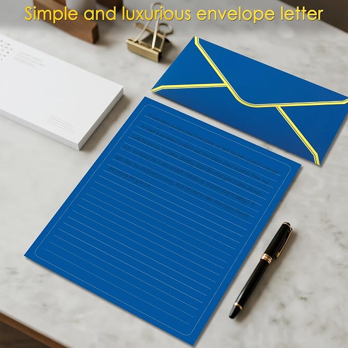 J6&H6 Gold Thread Stationary Paper and Envelopes Set Including 12 Standard Sized Phnom Penh Envelopes and 24 Sheets of Lined Paper Suitable for Daily Emotional Expression Formal Communication(Blue)