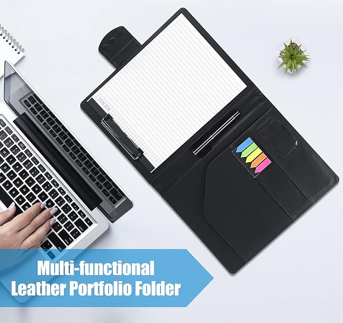 Agoer Padfolio Clipboard Folder, Leather Portfolio Organizer Binder with Magnetic Closure Cover for Interview Resume Office Conference,Business Portfolio Included Letter Sized Paper & Pen & Sticky Tab