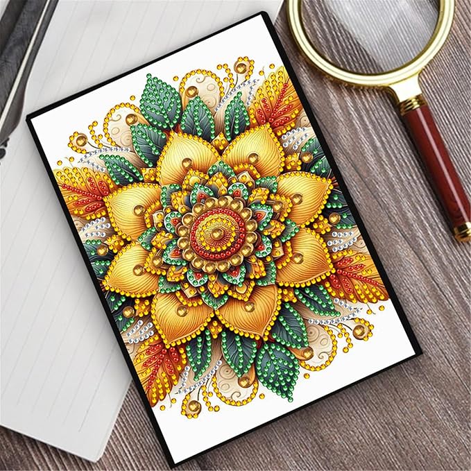 FRANDEK Diamond Art Painting Notebook Kit, Yellow Mandala A5 DIY Journal with 50 Blank Pages, Crystal Rhinestone Cover with Waterproof Canvas, Beginner Craft Set with Full Tools for Adults