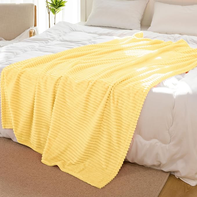 Vessia Flannel Fleece Twin Blanket for Couch,Sofa,Bed, 300GSM Striped 60x80 inch Light Yellow Blanket for Adults and Kids, Super Soft Warm Cozy Lightweight Ribbed Pale Yellow Decor for All-Season