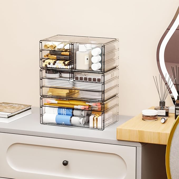 3 Pack Clear Storage Drawers With 10 Drawers,Stackable 11.1” Large Acrylic Drawer Organizer and Makeup Organizer For Vanity,Bathroom Countertop,Cabinet,Pantry,Office Supply Storage Bins Drawers
