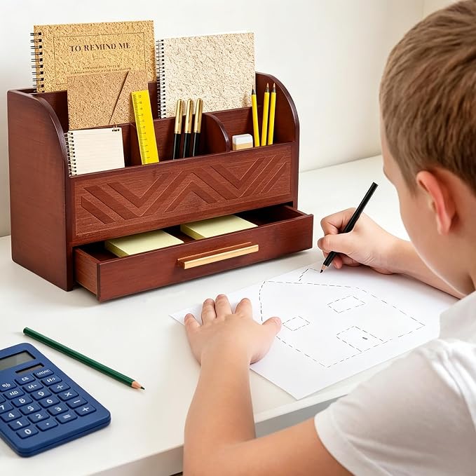 Brown Desktop Organizer with Drawer Storage, White Desk Organizer Mail Holder Mail Organizer Countertop Pen Holder Letter Sorter Make up Organizer for School Home Office Supplies