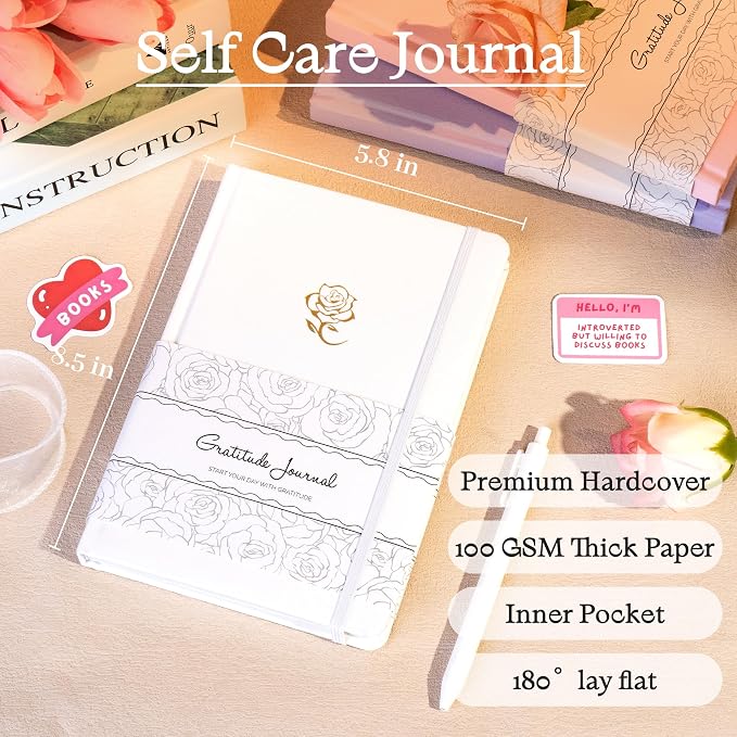 Yoment Gratitude Journal for Women Self Care Journal for More Happiness with Prompts for Mindfulness, Mental Health, Productivity & Self Care, 5 Minute Reflection for Positivity and Gratitude, White