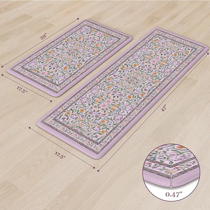 KIMODE Anti Fatigue Kitchen Mat, Cushioned Boho Kitchen Rugs Sets of 2, Farmhouse Kitchen Mats for Floor Non Slip, Waterproof Standing Desk Mats for Laundry Office Sink Purple 17.3"x29"+17.3"x47"