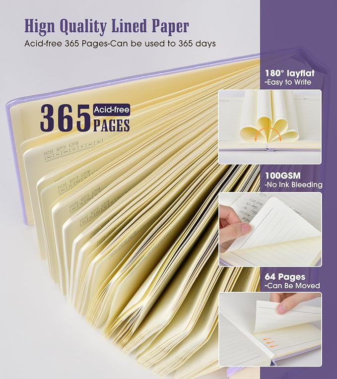 Lined Journal Notebook, 365 Pages B5 Large Journals for Writing Ruled Notebook, Hardcover Leather Journal for Women Men, Daily Notebook for Work, Note Taking, 100Gsm Thick Paper( 7.6'' X 10'' Purple)