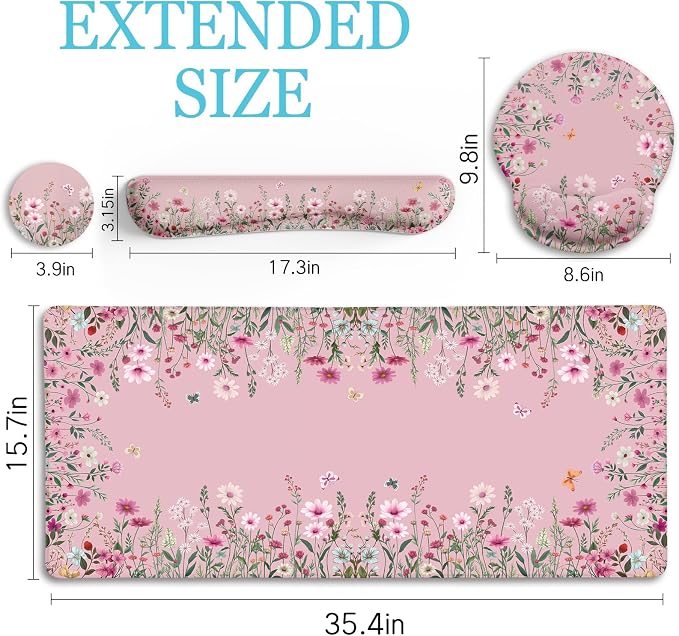 LIMKRIAN Pink Floral Mouse Pad Set, Large Desk Mat for Desktop, Ergonomic Mouse Pad with Wrist Rest for Gaming, Keyboard Mat Wrist Support & Cup Coaster, Cute Home Office Desk Accessories for Women