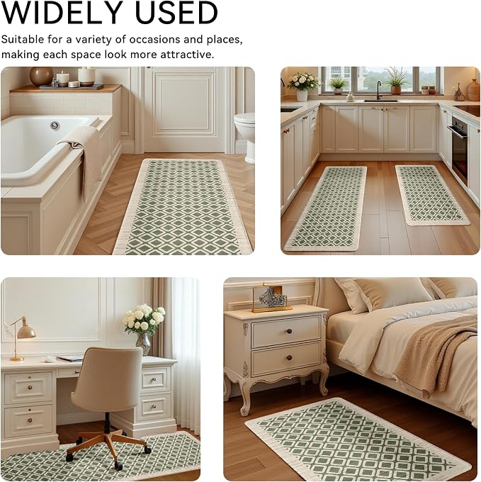 Sage Green Vintage Geometric Elegance Grid Kitchen Rug Sets [2 PCs], Anti-Fatigue, Waterproof Non-Slip Kitchen Mats Heavy Duty Comfort Foam Rug for Kitchen, Floor, Laundry,17"x29"+17"x47"
