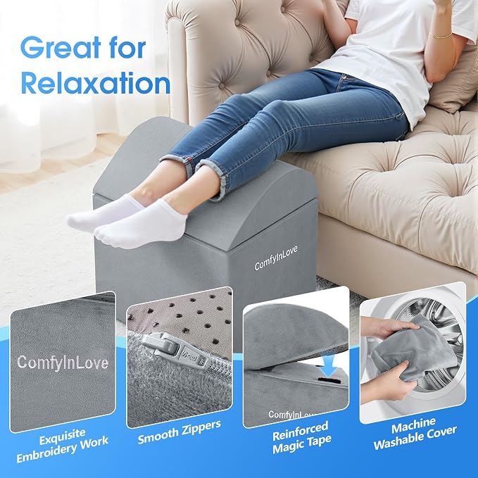 Foot Rest for Under Desk at Work - Non-Slip Foot Stool with 3 Adjustable Heights, Ergonomic Under Desk Footrest with Washable Cover for Leg Elevation, Desk, Home, Office, Car (Light Grey)