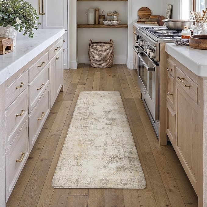 Kitchen Mats for Floor Set of 2 Anti Fatigue Waterproof Kitchen Rug Beige Grey Abstract Cushioned Non-Slip Kitchen Mats Comfort Standing Neutral Mat for Sink Laundry Office 17.3"×47"+17.3"×30"