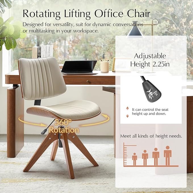 HULALA Home Faux Leather Home Office Desk Chair No Wheels, Ivory | Mid-Century Modern Desk Chair with Wood Legs, 360° Swivel Computer Task Chair with Channel-Tufted Backrest, Height Adjustable