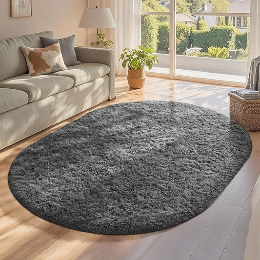 Ophanie 4x6 Oval Grey Rugs for Bedroom Living Room,Fluffy Fuzzy Furry Carpet,Plush Soft Shaggy Bedside Indoor Floor Area Rug for Kids Girls Boys Baby Teen Dorm Decor with Over 99 pcs Pile fibers