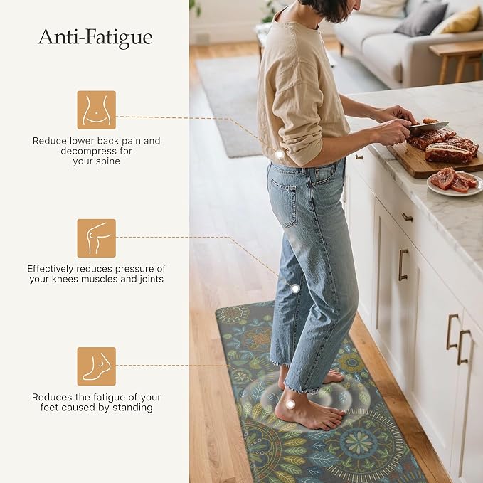 GENIMO Anti Fatigue Kitchen Mats for Floor 2PCS, Cushioned Standing Mats | 17.3"x47"&17.3"x30", Olive Green vintage floral rug set, waterproof, non slip, easy-clean for farmhouse
