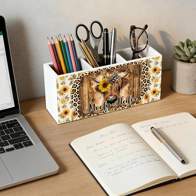 Leopard Highland Cow Wooden Pen Holder for Desk, Highland Cow Gifts for Women, Rustic Heifer Pencil Organizer Wooden Box Sign for Girls Bedroom Home Office Decoration