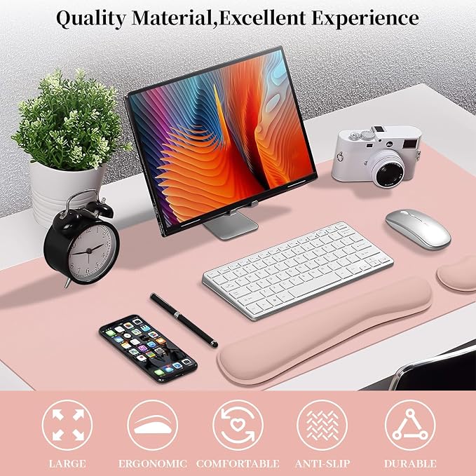 Desk Pad Mat Set,3-in-1 Large Mouse Pads with Wrist Rest and Keyboard Pad, Pink Desk Mats for Keyboards and Mouses, Ergonomic Keyboard and Mouse Mat Set for Office Home Decor, 31.5" x 15.7"