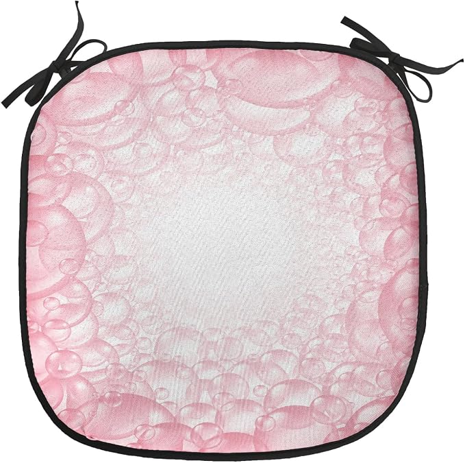 Lunarable Cartoon-Chair Cushion Pads Set of 4, Different Size Bubbles Pattern Delicate Foam Circular Washing Theme Art, Anti-Slip Seat Padding for Kitchen, Patio, 16"x16", Pink and White
