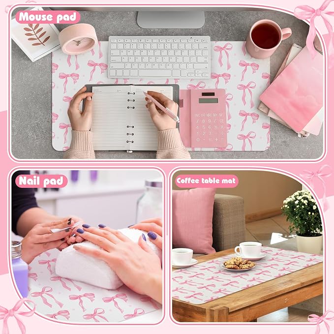 Teenyyou Coquette Bow Makeup Mat for Vanity Top Protector Back to School Gift 23.6" X11.8" Dual Side Leather Desk Mouse Pad Girly Waterproof Nonstick Dressing Vanity Cover for Women Home Office