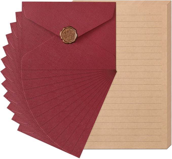 48 Pieces Stationery Set with Envelopes (24 Kraft Paper Sheets + 12 Linen Texture Envelopes+12 Wax Seal Stickers), Stationery Letter Writing Paper Set for Love Letters and Party Invitations (Red)