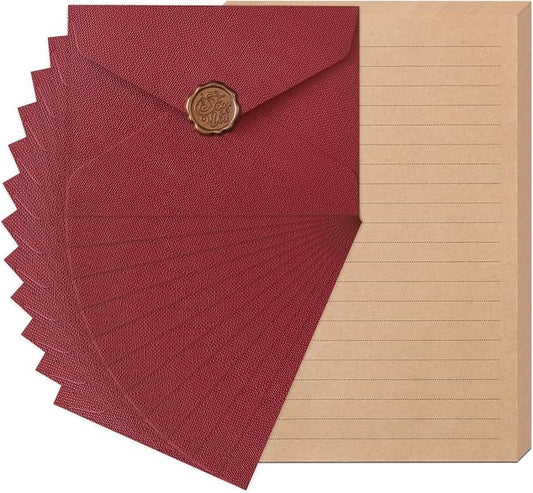 48 Pieces Stationery Set with Envelopes (24 Kraft Paper Sheets + 12 Linen Texture Envelopes+12 Wax Seal Stickers), Stationery Letter Writing Paper Set for Love Letters and Party Invitations (Red)