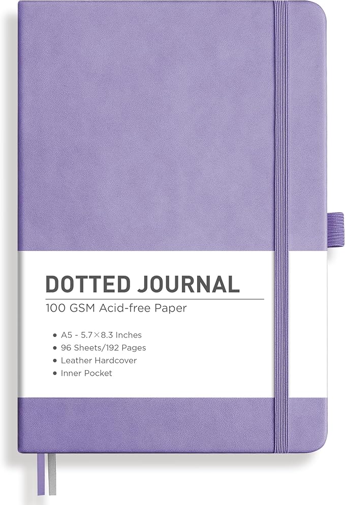 RETTACY Dotted Journal Notebook, 192 Pages, A5 Medium Size (5.7'' x 8.3''), Leather Hardcover, 100 GSM Thick Paper, for Journaling, Planning, Tracking (Purple)
