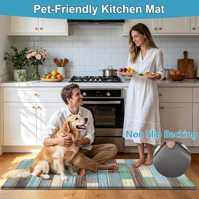 LOKHOM Anti Fatigue Kitchen Mats for Floor, 24x59 Non Slip Modern Cushioned Standing Comfort Kitchen Runner Rug, Waterproof Geometric Patchwork Memory Foam Padded for Sink Laundry Office, Teal