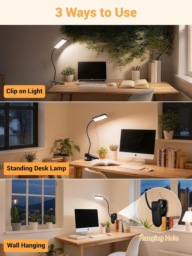 Clip on Lamp,45 Modes Dimmable LED Desk Lamp with Clamp,4000mAh Battery Rechargeable Table Lamp,450LM Cordless & Wireless Desk Light,Portable Book Reading Light,Small Desk Lamps for Home Office/Dorm