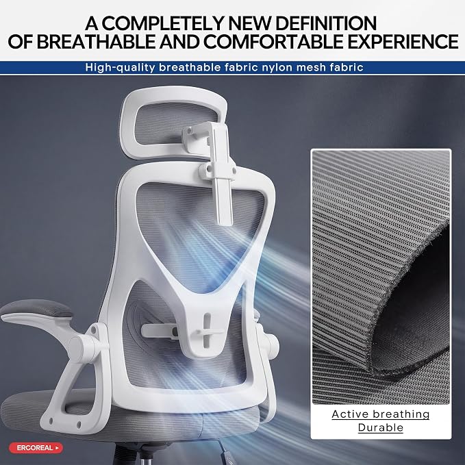 Ergonomic Office Chair–Mesh Computer Chair with Adjustable Lumbar Support, 2D Headrest, Foldable Armrests&Class 3 Gas Lift–Comfortable Home Office Desk Chair for Long Sitting,400 lbs (Gray)