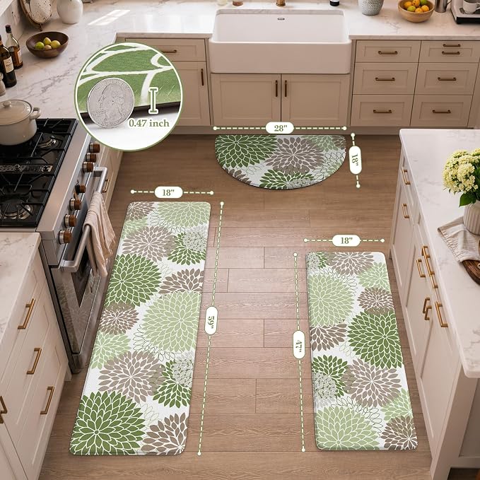 KIMODE Half Circle Anti Fatigue Mats for Kitchen Floor Rug Sets of 3 | 18"x28+18"x47"+18"x59",Sage Green,Dahlia Floral Boho,3PCS,Non Slip,Waterproof,for Sink Office Laundry Bathroom Decor