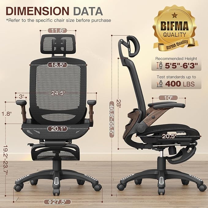 Ergonomic High-Back Office Chair with Footrest – Flip-Up Arms, 3D Headrest, 135° Recline, and Wide Mesh Seat with Lumbar Support. Rolling Swivel Task Chair for Gaming or Work, Sturdy, 300 LBS.