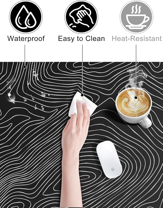 TopMade Mouse Pad with 15W Fast Wireless Charging, 31.5"x15.75" XXL Large Gaming Waterproof Desk Pad with Ultra-Smooth Surface, Non-Slip Base, Computer Desk Mat, Black Topographic Map #1