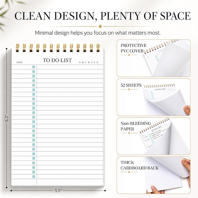 To Do List Notepad 3 Pack, Undated Daily Planner Notepad With To Do List Notebook Checklist Planner Spiral Waterproof Notepad for Office Supplies, School Planner, 52 Sheets/Pack, 5.5"*8.3" A5 Size