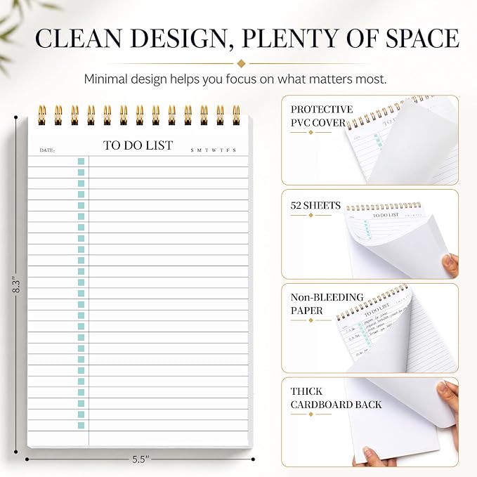 KAICN To Do List Notepad, Undated Daily Planner Notepad With To Do List Notebook Checklist Planner Spiral Waterproof Notepad for Office Supplies, School Planner, Green, 52 Sheets, 5.5"*8.3" A5 Size